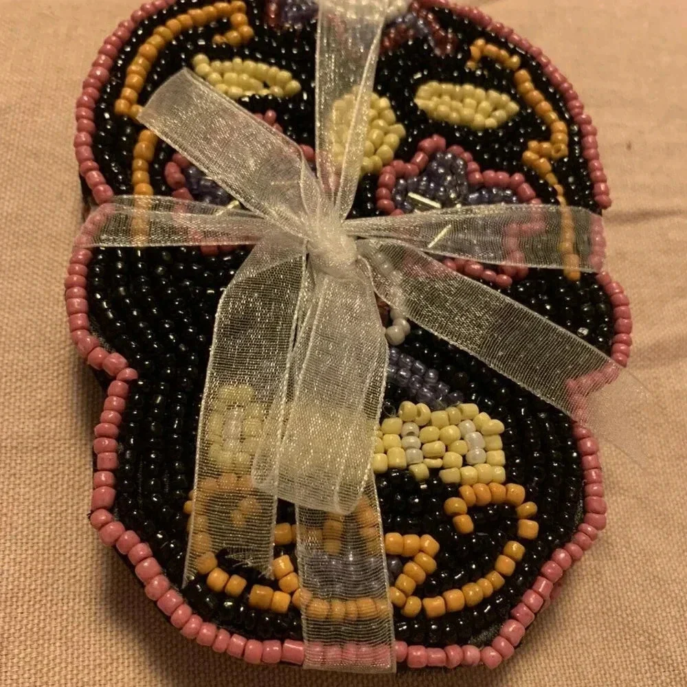 NEW Day of the Dead Halloween Skull Beaded 4pc Coaster Set - Black